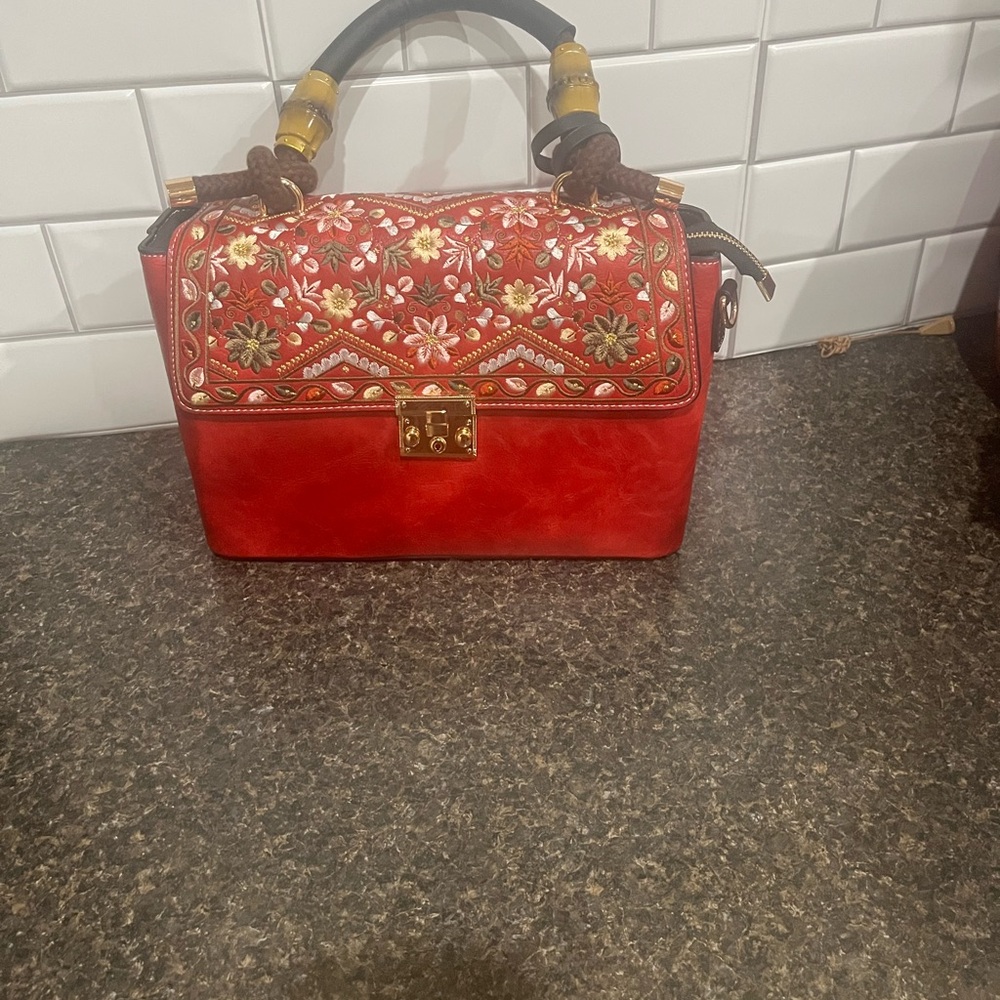 Embroidered Red Handbag